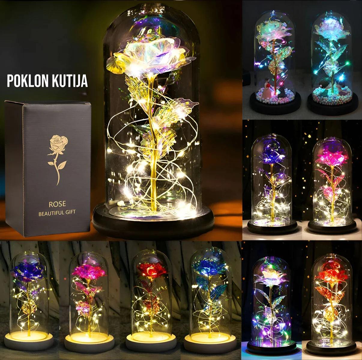 LED vječna ruža u staklenoj kupoli